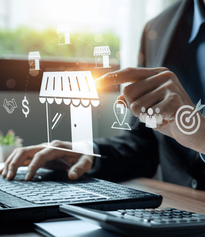 Homem selecionando o ícone de franquias virtualmente na frente dele