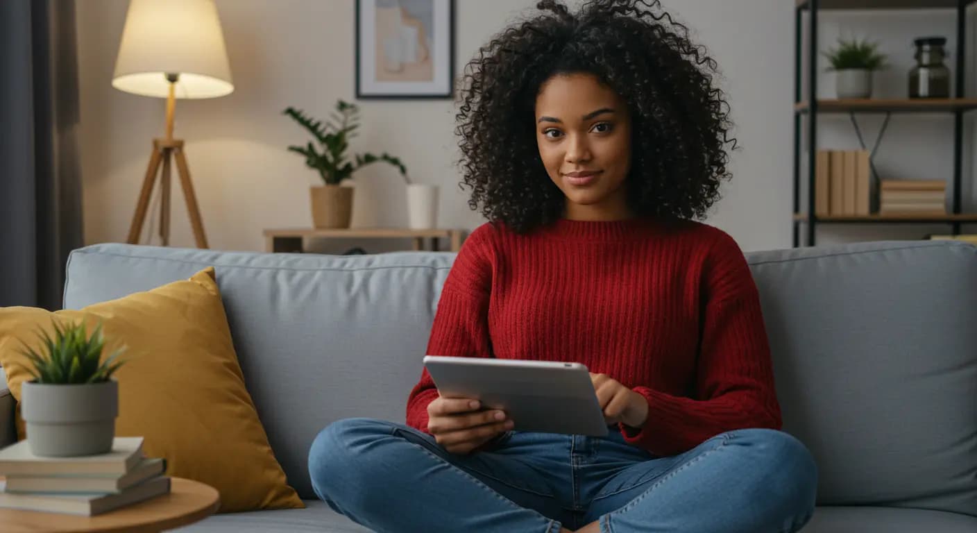 Mulher sentada em um sofá de pernas cruzadas com um tablet em mãos lendo sobre o consórcio imobiliário Embracon